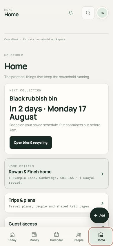 CrossBank Home screen on iPhone with touch navigation and household information.